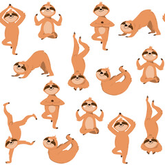 Collection of funny sloths in different yoga poses on a white background seamless pattern