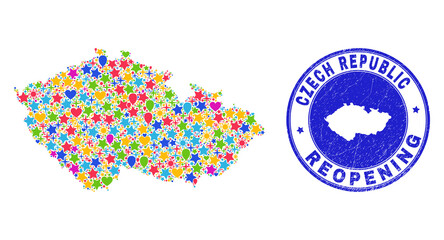 Celebrating Czech Republic map collage and reopening unclean stamp seal. Vector collage Czech Republic map is designed from randomized stars, hearts, balloons.