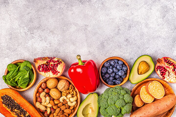 Anti-aging food - healthy fruits, vegetables, nuts.