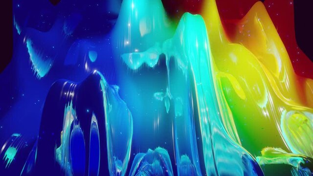 Abstract 3D surface with beautiful waves, luminous sparkles and bright color gradient, colors of rainbow. Waves run on very shiny, glossy surface with glow glitter. 4k looped animation