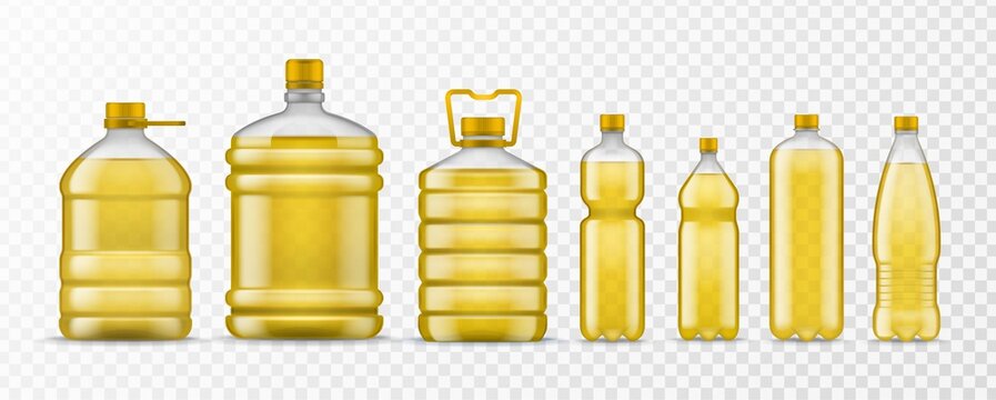 Vegetable oil bottle. Different packaging plastic bottles with yellow organic oil, natural ingredient healthy food, realistic vector mockups