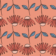 Hand drawn orange daisies pattern background.