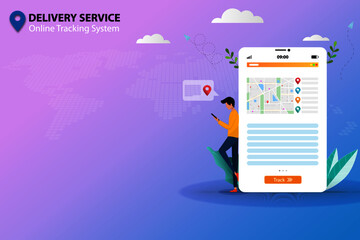 Concept of delivery service and online tracking system, young man hold a smartphone that the display show map and GPS to track and check the shipment in pastel color background.