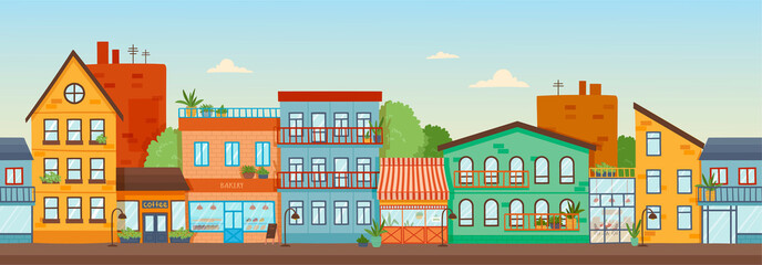 Panorama banner of a row of colorful facades of buildings in city under a sunny blue sky, colored vector illustration