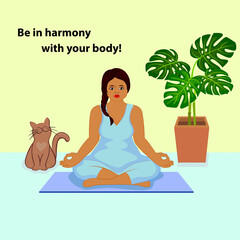 Woman and cat  in meditating pose. Be in harmony with your body. Vector illustration.