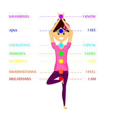 Smiling woman character in yoga pose with colorful  chakras vector illustration