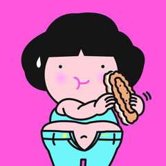 Obesity Woman Holding Biscuits With Belly Fat Unzip The Zipper On The Jeans. Weight Problems, Diet, Overweight Concept Card Character illustration