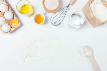 Flat lay homemade baking ingredients and kitchen utensils