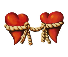 due cuori legati con una corda, illustrazione digitale, fondo bianco © roberto