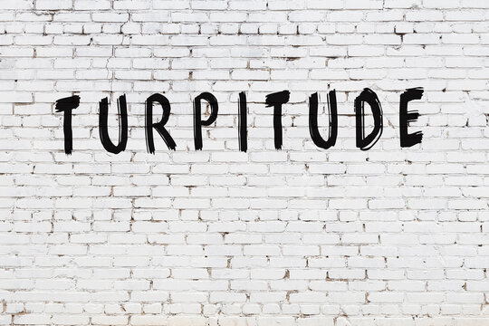 Word turpitude painted on white brick wall
