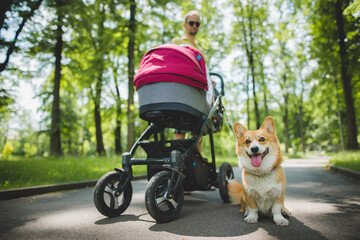 A man with a baby stroller in a park and with a welsh corg pembroke dog walking during a nice...