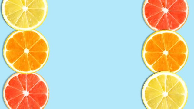 4k. Abstract background. Lemon, orange, grapefruit pattern motion graphics. Horizontal view. 3840x2160.