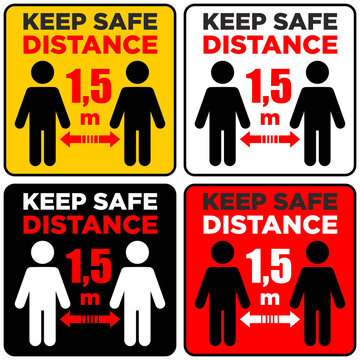 Set of signs keep safe distance 1.5 m. White, black, yellow, red background. Outline, vector