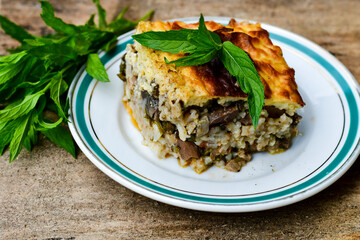 Casserole  with  rice and cheese pie with  lamb meat and mint .  Rustic background. 