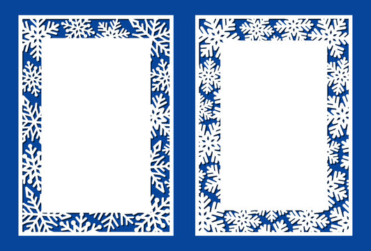 Laser cut template. Set of laser card with border of snowflakes. Winter photo frame. Suitable for christmas paper cards, design elements, scrapbooking. Vector illustration.