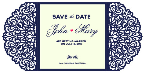 Laser cutting template. Openwork gate fold card. Wedding invitation envelope with lace pattern. Vector illustration. Greeting card. Paper cutout save the date design.