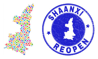 Celebrating Shaanxi Province map collage and reopening scratched stamp. Vector collage Shaanxi Province map is made from random stars, hearts, balloons.