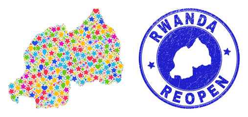 Celebrating Rwanda map mosaic and reopening rubber seal. Vector mosaic Rwanda map is composed from scattered stars, hearts, balloons. Rounded wry blue seal with scratched rubber texture.