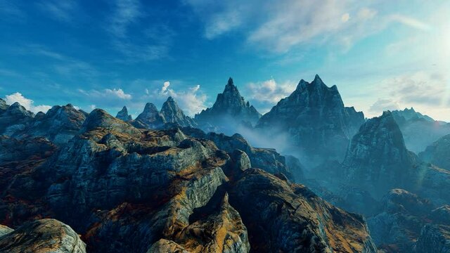 Mountain landscape. Animation on the theme of landscapes and natural areas, travel and climate, seasons and ecologies.