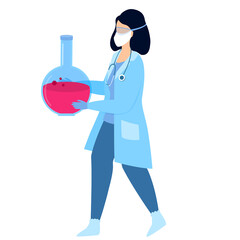 COVID-19. Medical worker. Laboratory Assistant. Nurse with a flask. Vaccine development. Coronavirus treatment.