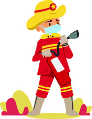 Illustration of firefighter man holding extinguisher