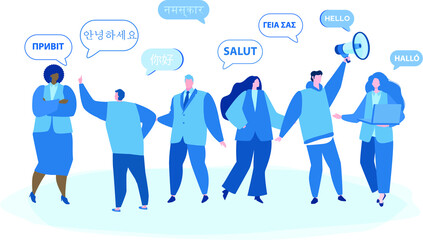 Business people chatting in foreign languages. Vector illustration for web banner, infographics, mobile. designers, project managers collaborate on software project objectives. 