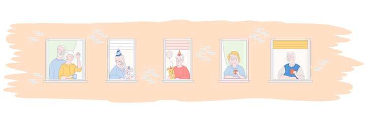 An elderly couple is looking for a home. The facade of the house with open windows. Holiday Birthday neighbor. Old man and old woman with cute dogs with balloons. Fun and drink with cups. Friendship