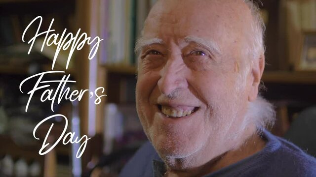 Fathers Day Celebration. Father's Day Portrait of a father and grandpa smiling.  Cute aged man in living room in slow motion. Concept of achievement, family, connection, parenthood Happy Father s Day