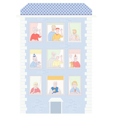 People in the window frames. Neighbors who live in apartments. Residential building with open windows and different people and holiday. Everyone is funny, with cups and happy birthday drink. Birthday