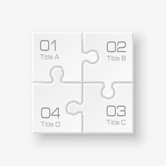 White Puzzle four piece business presentation. Square infograph. Circle 4 Step process diagram card. Section compare service banner. 3d Abstract Background
