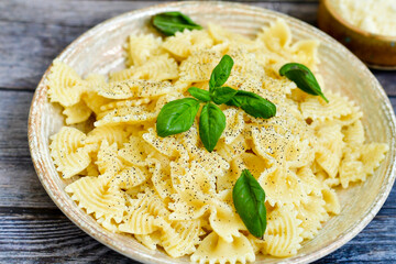 Home made farfalle pasta with cheese