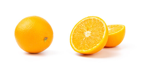 Cut to halves and whole orange isolated on white