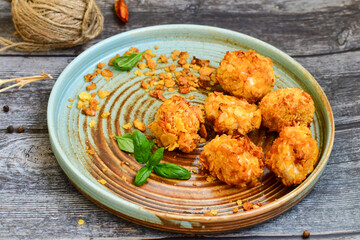  Home made Crispy Chicken   Popcorn with honey mustard sauce on wooden background