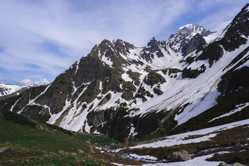 Fototapeta na wymiar Mountain landscape. Snowy mountain peaks, Caucasian mountains. National Park.