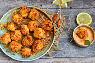  Home made Crispy Chicken   Popcorn with honey mustard sauce on wooden background