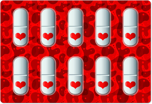 Red fancy blister pack with ten white pills with a red heart drawn