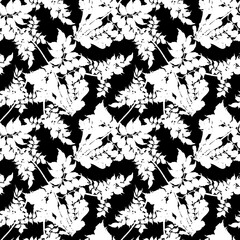 Monochrome bouquet flowers  on black background. Floral seamless pattern for design.