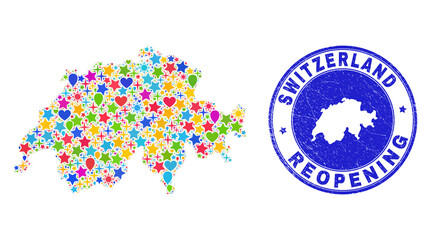 Celebrating Switzerland map mosaic and reopening unclean stamp. Vector mosaic Switzerland map is composed with scattered stars, hearts, balloons.