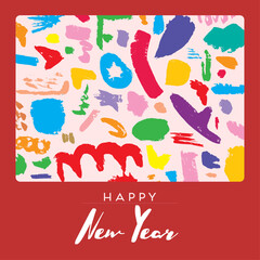 Happy New Year greeting card with creative pattern. Hand Drawn textures. Design for poster, card, invitation, header, cover, placard, brochure, flyer. Abstract Vector