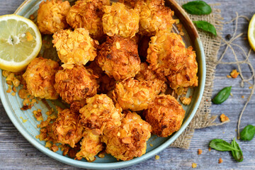  Home made Crispy Chicken   Popcorn with honey mustard sauce on wooden background