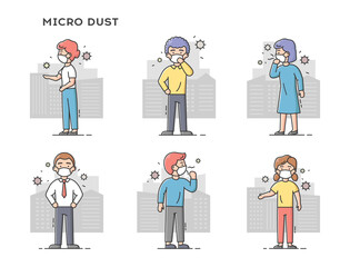 Concept Of Fine Dust, Air Pollution, Industrial Smog. Set Of Sad People Wearing Protective Masks. Men And Women On Polluted Cities Backgrounds. Cartoon Linear Outline Flat Style. Vector Illustration