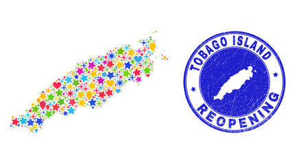 Celebrating Tobago Island map collage and reopening corroded stamp. Vector collage Tobago Island map is done with randomized stars, hearts, balloons.