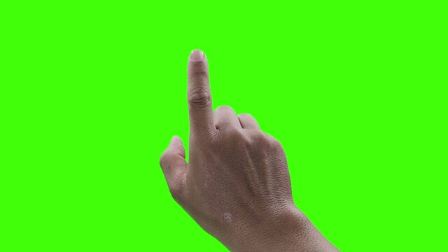 close up man hand showing gesture for touch screen isolated on chroma key green screen background. 