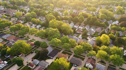 Aerial view of american suburb at summertime.  Establishing shot of american neighborhood. Real estate, residential houses. Drone shot, from above - obrazy, fototapety, plakaty