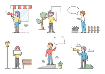 Demonstration Speech, Political Freedom Concept. Set Of Dissatisfied People, Complaining, Striking And Protesting With Loudspeakers And Speech Bubbles. Cartoon Linear Outline Flat Vector Illustration