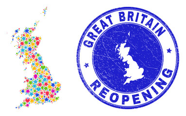 Celebrating Great Britain map collage and reopening corroded stamp seal. Vector collage Great Britain map is composed with scattered stars, hearts, balloons.