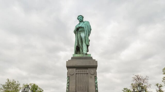 Monument to Russian poet Alexander Pushkin in Moscow. Time lapse