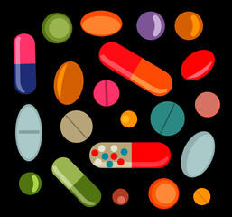 Different colorful pills isolated on white background, vector illustration