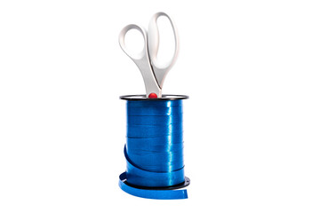a roll of blue decorative ribbon with scissors on a white background
