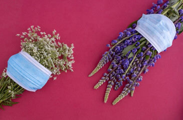 face mask, white flowers and purple lupine flowers on a red background